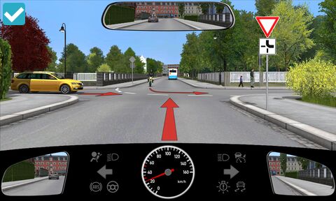 Bild zur Frage 1.3.01-043-M: Eine Kreuzung mit mehreren Fahrzeugen und Verkehrszeichen, u.a. „Vorfahrt gewähren“ (Zeichen 205) mit Zusatzzeichen. 