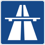 Verkehrszeichen 330.1 „Autobahn“: ein blaues Schild mit einer stilisierten weißen Autobahnbrücke und zwei Fahrbahnen.