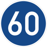 Verkehrszeichen 275-60 „Mindestgeschwindigkeit 60 km/h“: rundes, blaues Schild mit einer weißen Zahl „60“ in der Mitte.